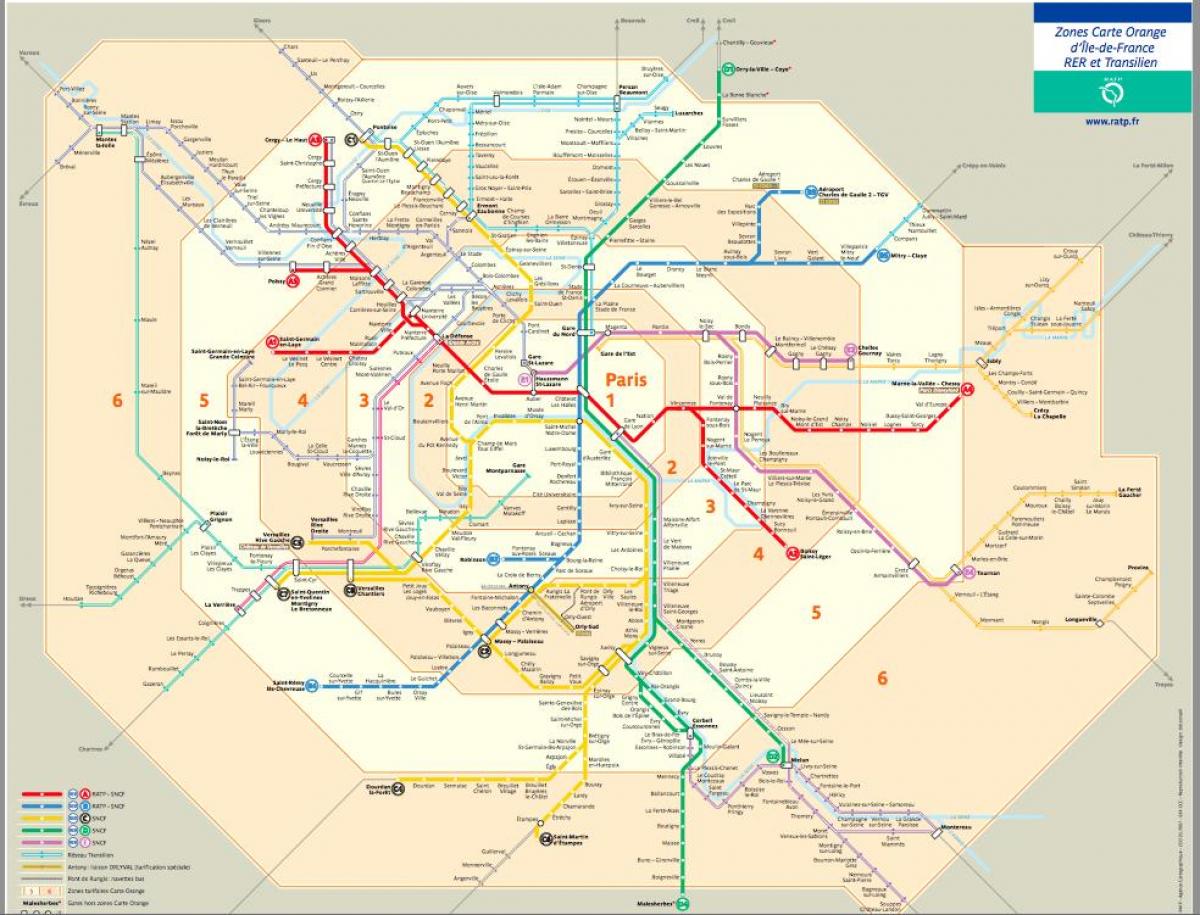 Paris carte de transport avec des zones