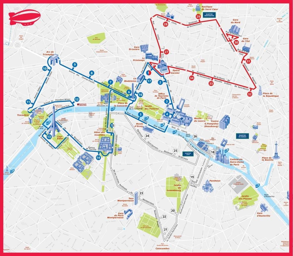 Paris hop on hop off la carte de l'itinéraire