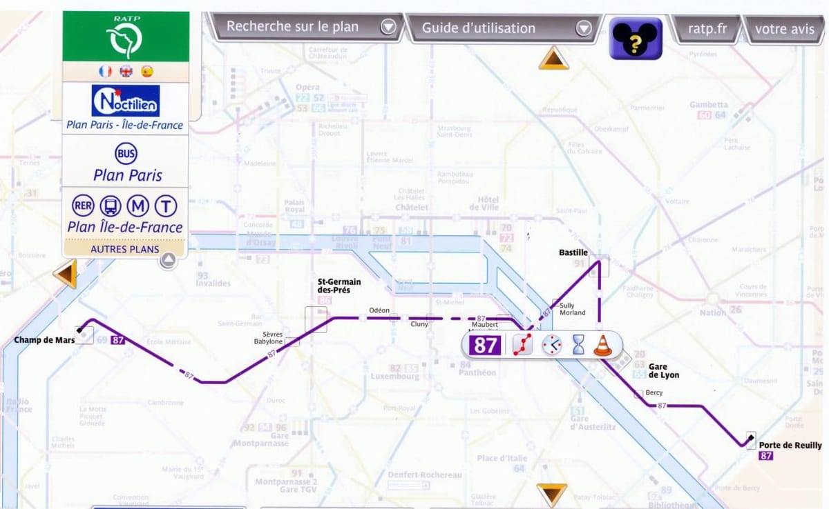 La carte de bus de Paris route 87