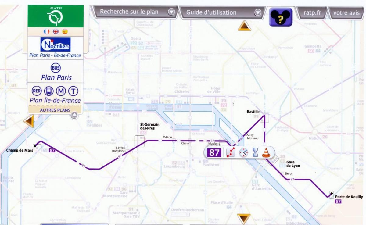 La carte de bus de Paris route 87 