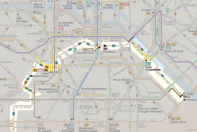 La carte de bus de Paris 92 route